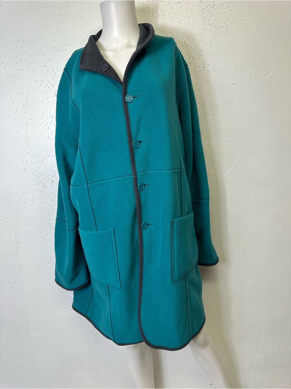 Susan Graver Teal Fleece Coat with Dark Contrast Trim
